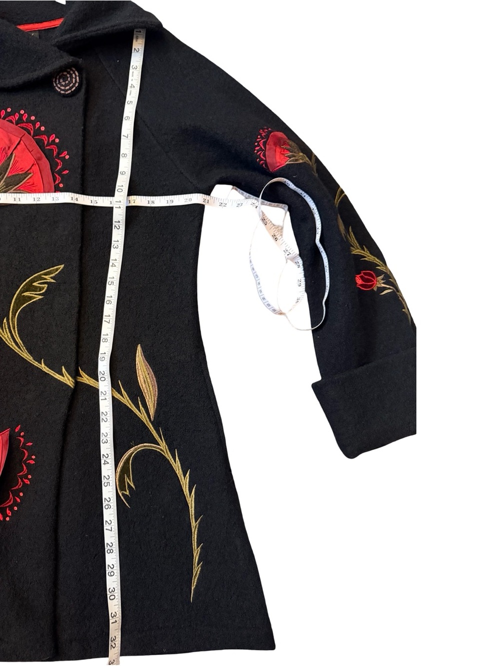 Gorgeous Statement Floral Embroidered Covelo Art Wear Black Wool Coat 🌹 Sz L - Picture 15 of 16